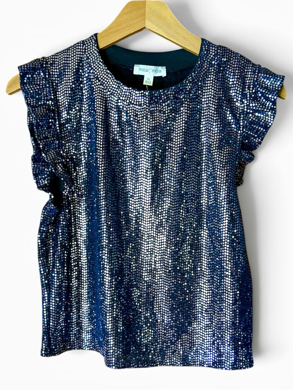 Moa Moa Sequin Ruffle Cap Sleeve Crewneck Tank Top Navy Silver Holiday